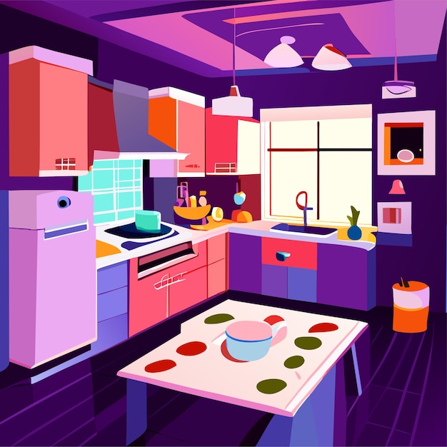 Página para colorear interior de la sala de cocina en casa ilustración vectorial