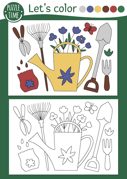 Página para colorear de jardín para niños con regadera y herramientas de jardinería ilustración de contorno de primavera vectorial libro de color para niños con ejemplo de color hoja de trabajo imprimible de habilidad de dibujoxa