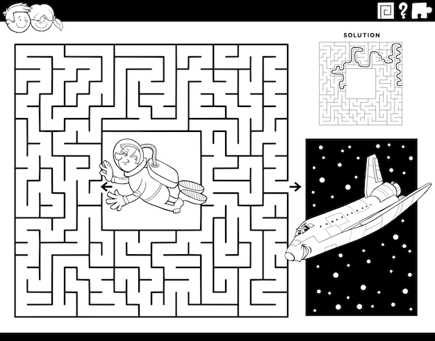 Página de colorear laberinto con dibujos animados de astronautas y transbordadores espaciales