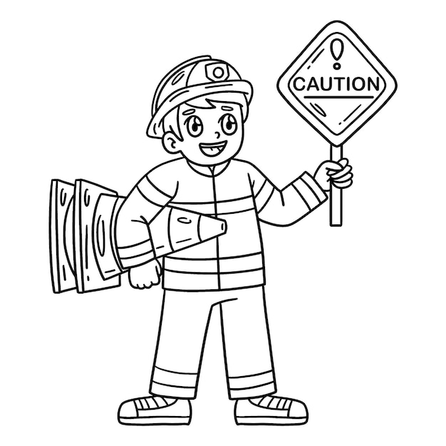 Una página de colorear linda y divertida de bombero con señales de seguridad proporciona horas de colorear diversión para los niños Para colorear esta página es muy fácil adecuado para niños pequeños y niños pequeños