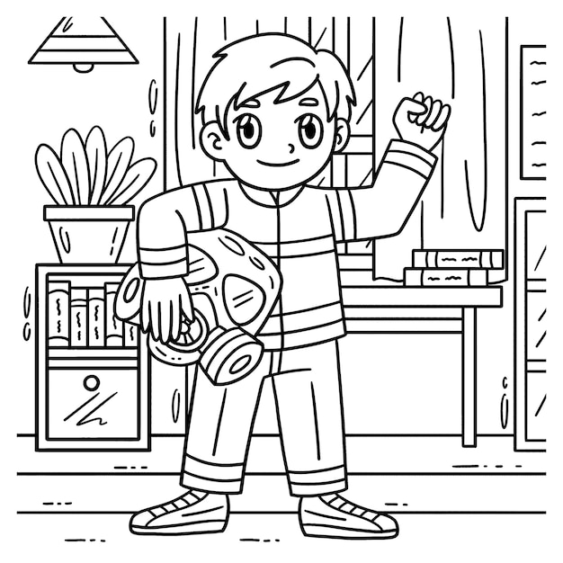 Una página para colorear linda y divertida de un bombero sosteniendo una máscara de gas proporciona horas de diversión para colorear para los niños Colorear esta página es muy fácil Adecuado para niños pequeños y niños pequeños