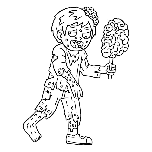 Vector una página para colorear linda y divertida de un cerebro de zombi comiendo en un palo proporciona horas de diversión de colorear para los niños para colorear esta página es muy fácil adecuado para niños pequeños y niños pequeños