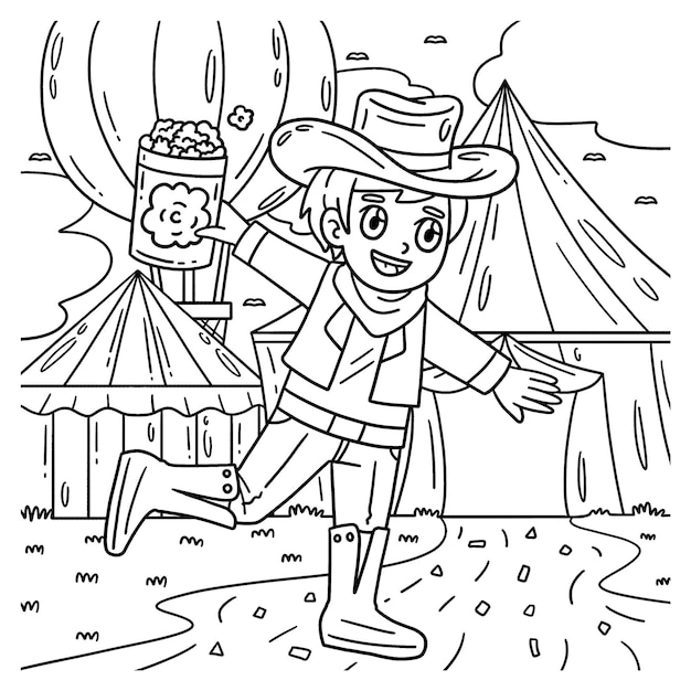 Una página para colorear linda y divertida de un circo con traje de vaquero proporciona horas de diversión para colorear para los niños Colorear esta página es muy fácil Adecuado para niños pequeños y niños pequeños