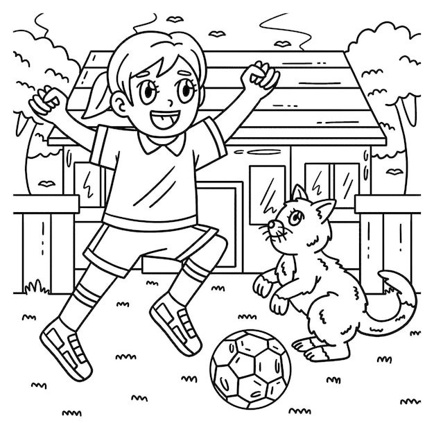 Una página de colorear linda y divertida de una niña y un gato jugando al fútbol proporciona horas de colorear diversión para los niños Para colorear esta página es muy fácil adecuado para niños pequeños y niños pequeños