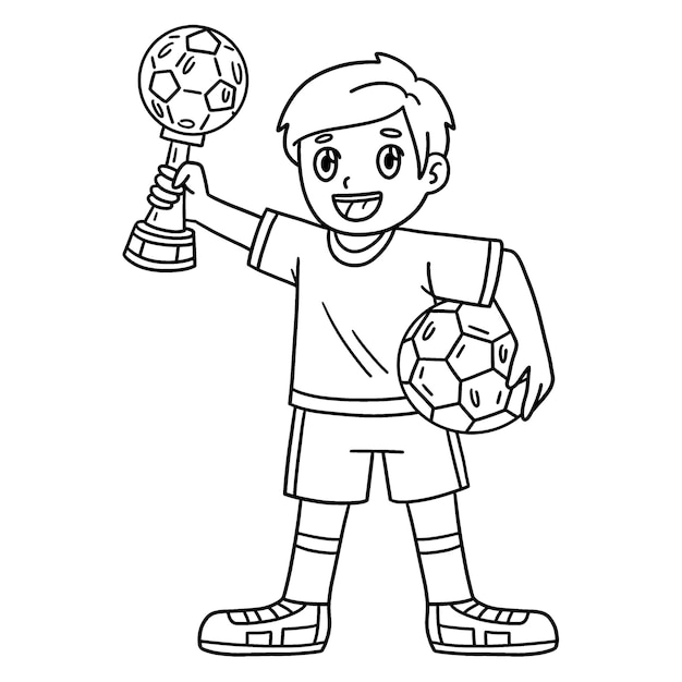 Una página de colorear linda y divertida de un niño con un trofeo de fútbol proporciona horas de diversión de colorear para los niños Para colorear esta página es muy fácil adecuado para niños pequeños y niños pequeños