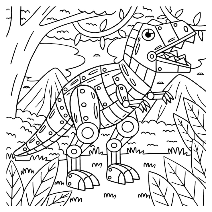Vector una página para colorear linda y divertida de un robot t rex proporciona horas de diversión para colorear para los niños para colorear esta página es muy fácil adecuado para niños pequeños y niños pequeños