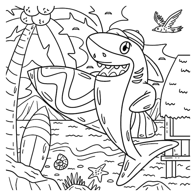 Una página para colorear linda y divertida de un tiburón con una tabla de surf proporciona horas de diversión de colorear para los niños Para colorear esta página es muy fácil adecuado para niños pequeños y niños pequeños