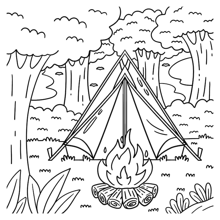Vector una página de colorear linda y divertida de una tienda de campamento proporciona horas de diversión de colorear para los niños colorear esta página es muy fácil adecuado para niños pequeños y niños pequeños