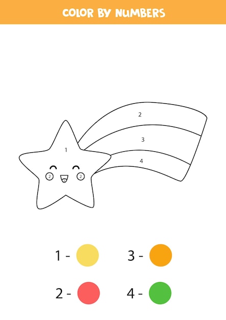 Página para colorear con linda estrella arcoiris kawaii. Colorea por números. Juego de matemáticas para niños.