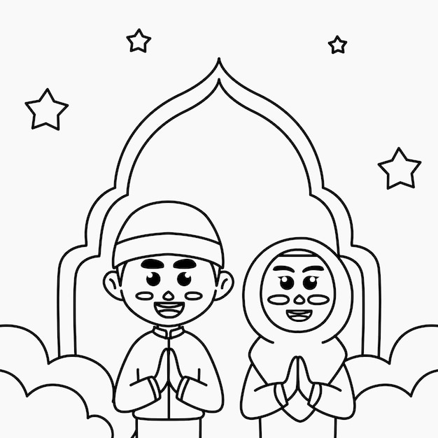 Página para colorear linda ilustración de dibujos animados de niños y niñas musulmanes que dan la bienvenida a Eid AlFitr Ramadan para