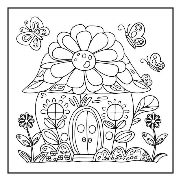 Página para colorear linda y simple para niños para relajarse con una hermosa casa de hadas de fantasía