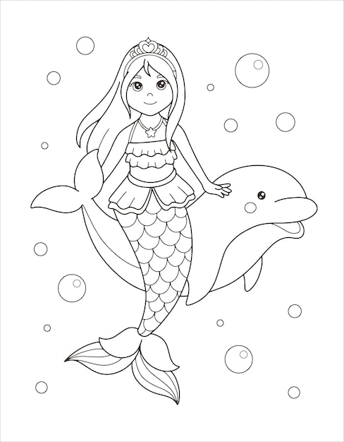 Página para colorear linda sirena y delfín