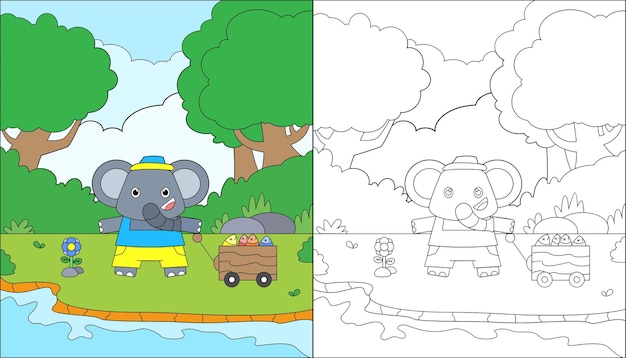 Página para colorear de lindo elefante pescando peces en el lago