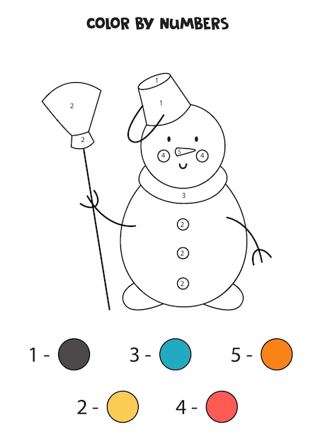 Página para colorear con lindo muñeco de nieve de Navidad con escoba. Colorea por números. Juego de matemáticas para niños.