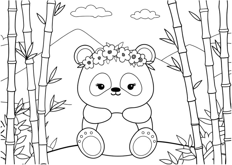 Vector página para colorear del lindo panda con corona de flores en un bosque de bambú