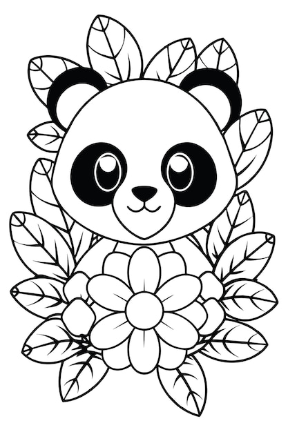 Vector una página para colorear del lindo panda escondido en las flores página para colorear de panda