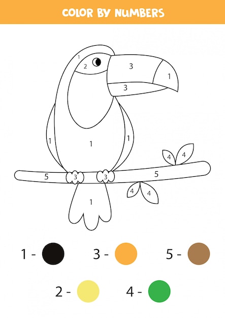 Página para colorear con lindo tucán. Juego de matemáticas para niños.