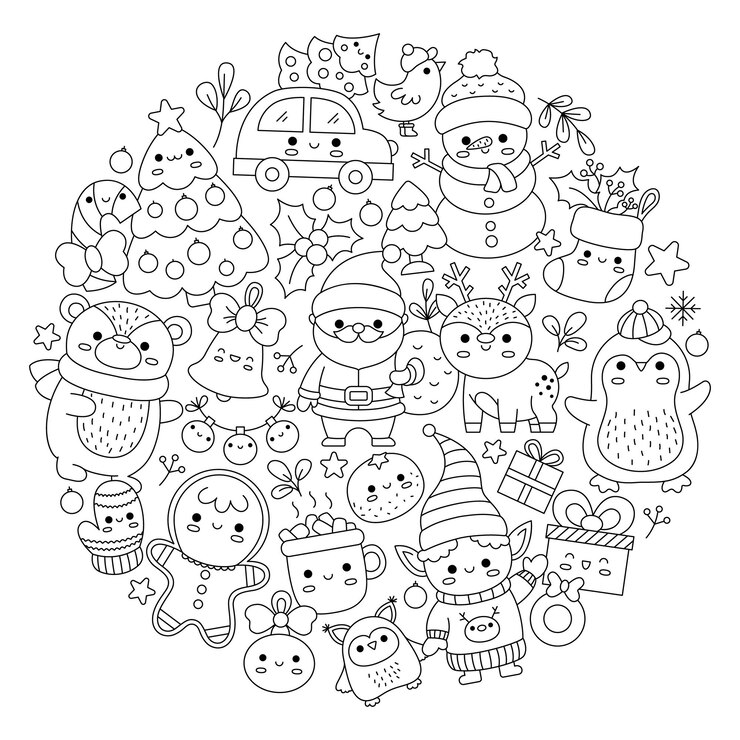 Vector página para colorear de línea redonda de navidad vectorial para niños con lindos personajes kawaii ilustración de vacaciones de invierno o año nuevo en blanco y negro con el divertido árbol de oso elfo de ciervo de santa claus enmarcado en círculo