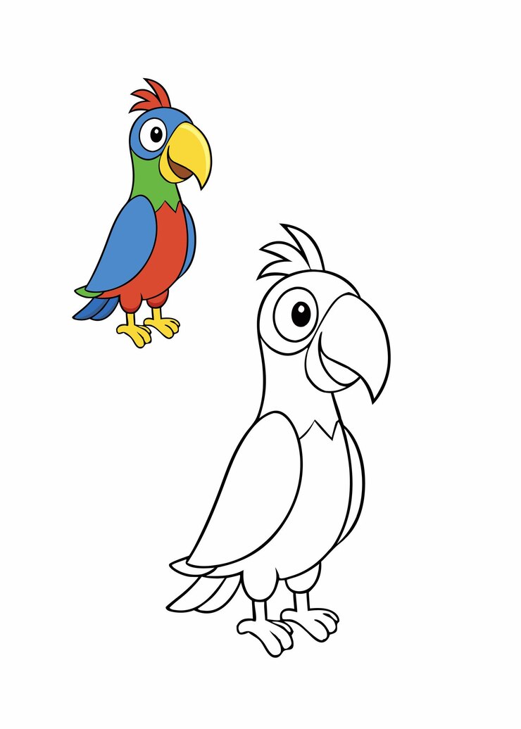 Vector una página para colorear un loro divertido con un pájaro tropical vibrante encaramado en una rama rodeado de