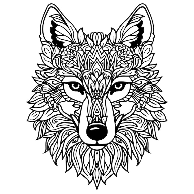 Página para colorear Mandala para adultos cabeza de lobo zen espiritual relajarse modelo de libro para colorear vector
