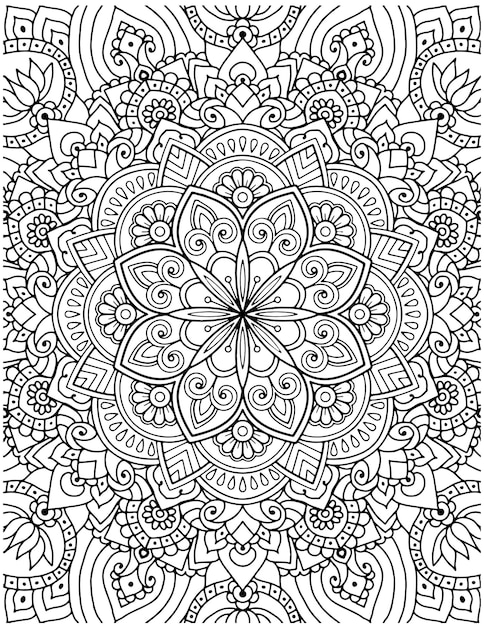 Página para colorear de mandala floral dibujada a mano.