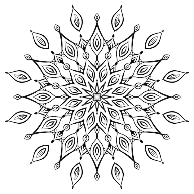 Página para colorear de mandala de flores Forma floral simétrica simple para colorear con atención Contorno negro sobre fondo blanco