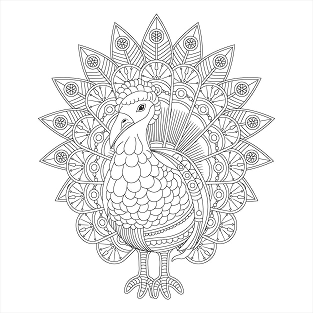 Vector página para colorear mandala de pavo para adultos