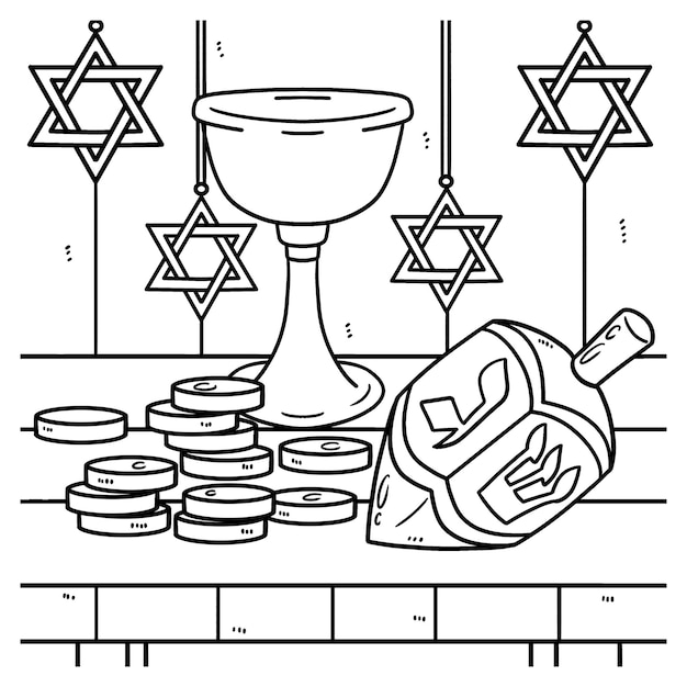 Página para colorear de monedas y cáliz de Hanukkah Dreidel