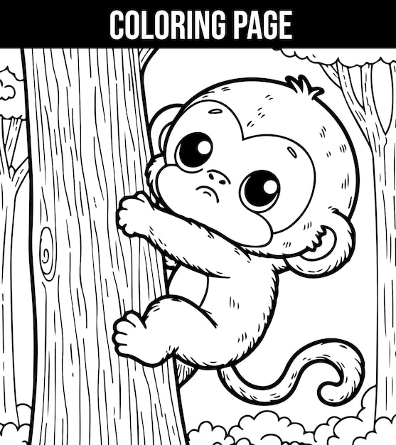 Página para colorear Mono subiendo a un tronco de árbol usando las cuatro ramas con una expresión determinada
