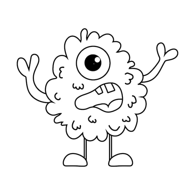 Página para colorear con un monstruo peludo lindo Arte de línea alienígena Monstruo Doodle Hoja de trabajo imprimible