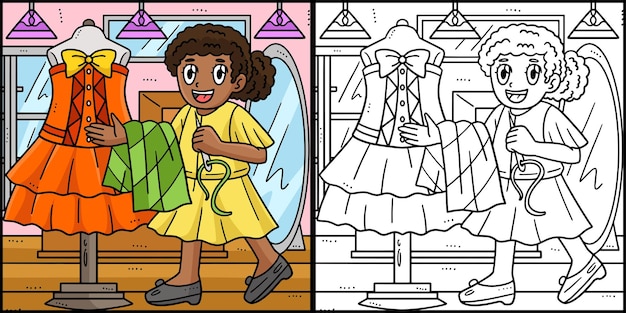 Esta página para colorear muestra una costurera y un vestido Un lado de esta ilustración está coloreado y sirve como inspiración para los niños