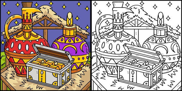 Esta página para colorear muestra un cristiano Regalos de los Magos Un lado de esta ilustración está coloreado y sirve de inspiración para los niños