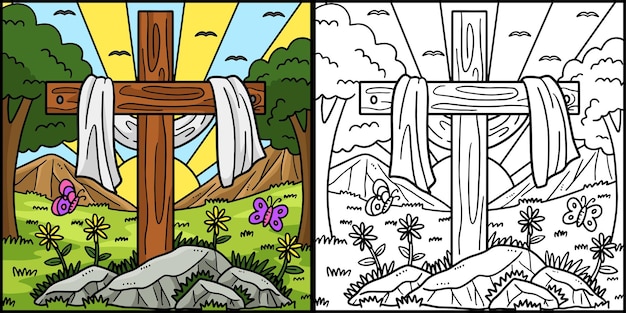 Esta página para colorear muestra una cruz cristiana envuelta en tela Un lado de esta ilustración está coloreado y sirve de inspiración para los niños