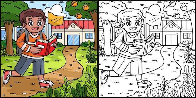 Esta página para colorear muestra un libro de lectura para niños. Un lado de esta ilustración está coloreado y sirve como inspiración para los niños.
