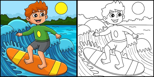 Esta página para colorear muestra a un niño surfeando en verano Un lado de esta ilustración está coloreado y sirve de inspiración para los niños
