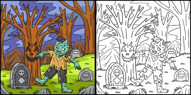 Esta página para colorear muestra un Zombie bajo un árbol espeluznante Un lado de esta ilustración está coloreado y sirve de inspiración para los niños