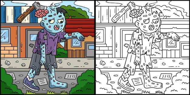 Esta página para colorear muestra un Zombie con un hacha en la cabeza Un lado de esta ilustración está coloreado y sirve de inspiración para los niños