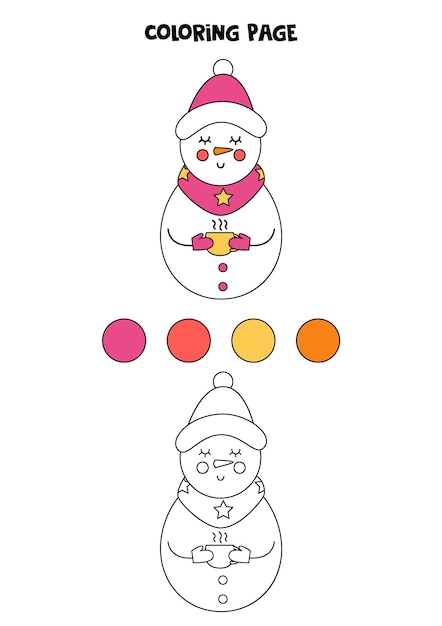 Página para colorear con muñeco de nieve de Navidad de dibujos animados. Hoja de trabajo para niños.