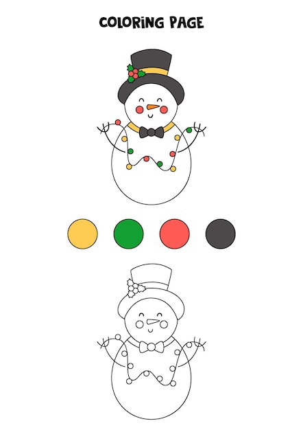 Página para colorear con muñeco de nieve de navidad de dibujos animados. hoja de trabajo para niños.