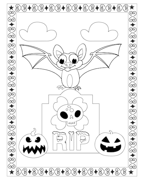 Página para colorear de murciélago de halloween Vector Premium