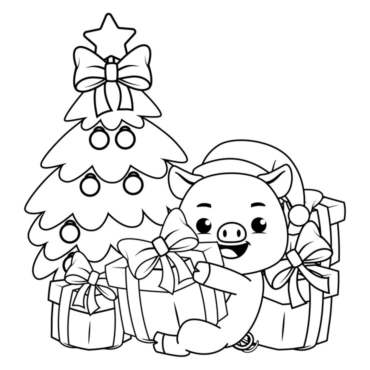 Vector página para colorear de navidad con cerdo para niños