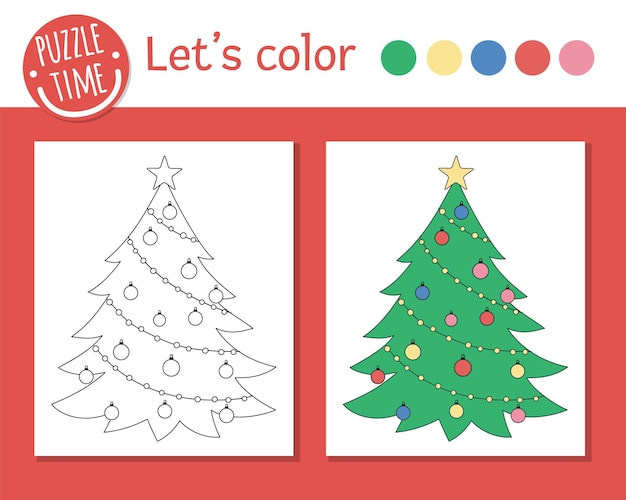 Página para colorear de Navidad para niños. Lindo abeto decorado divertido. Vector ilustración de contorno de vacaciones de invierno. Libro de color de fiesta de año nuevo para niños con ejemplo de color