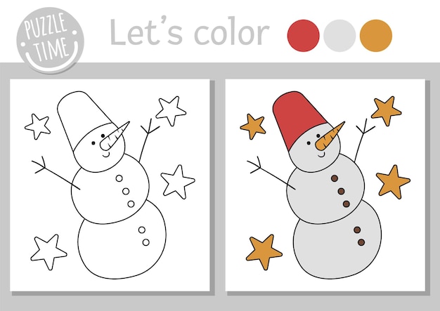 Página para colorear de navidad para niños muñeco de nieve divertido vector ilustración de esquema de vacaciones de invierno con lindo hombre de nieve y estrellas libro de color de fiesta de año nuevo para niños con ejemplo de colorxa