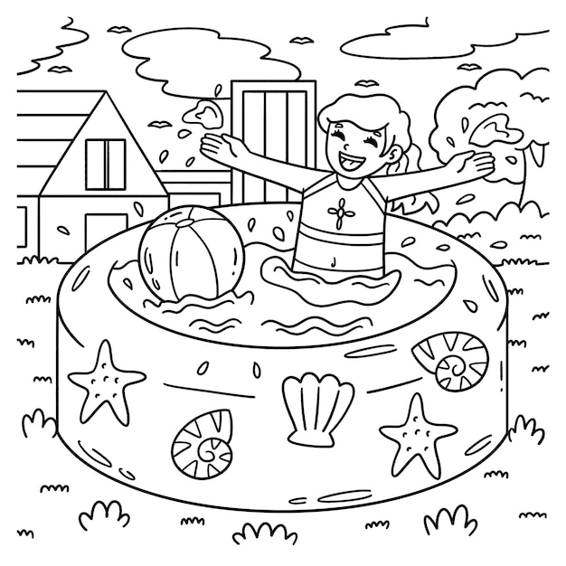 Página para colorear Niña nadando en una piscina inflable