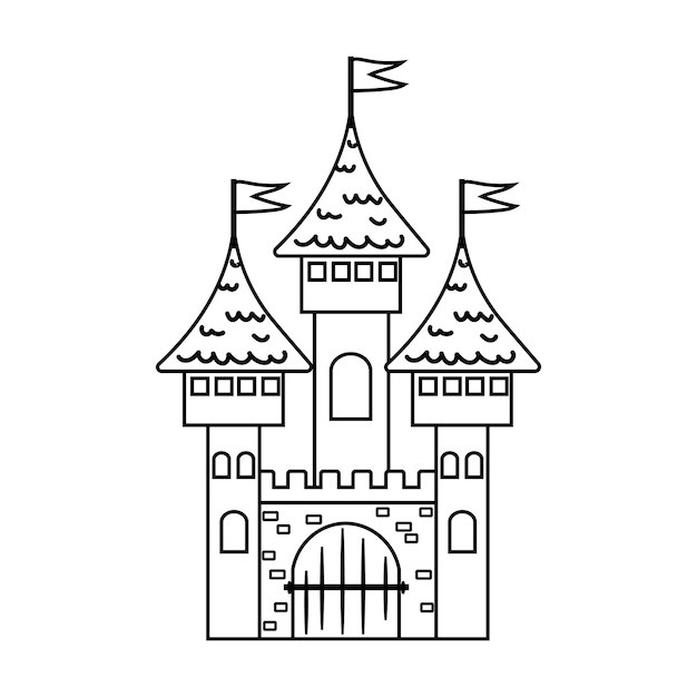 Página para colorear para niños con castillo de princesa Hoja de trabajo imprimible Actividad para preescolares Vector