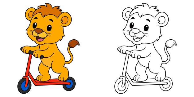 Página para colorear para niños dibujos animados Un león bebé montando un scooter Ilustración vectorial de contorno