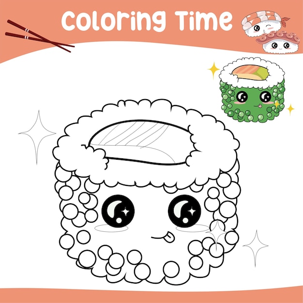 Página para colorear para niños. Hoja de trabajo para colorear imprimible educativa. Lindo sushi kawaii. archivo vectorial