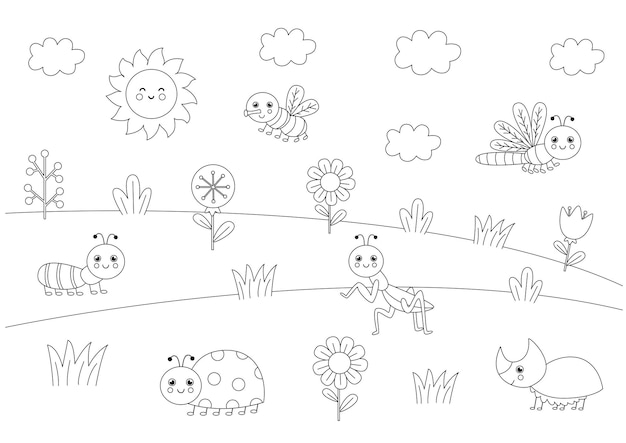 Página para colorear para niños Insectos lindos y flores en el campo de verano