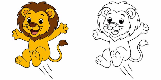 Página para colorear para niños Un león de dibujos animados saltando felizmente Ilustración vectorial de esquema