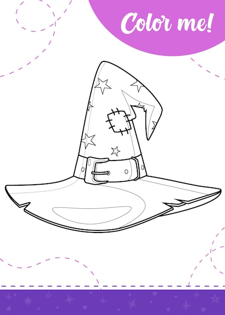 Página para colorear para niños con sombrero de brujas de dibujos animados